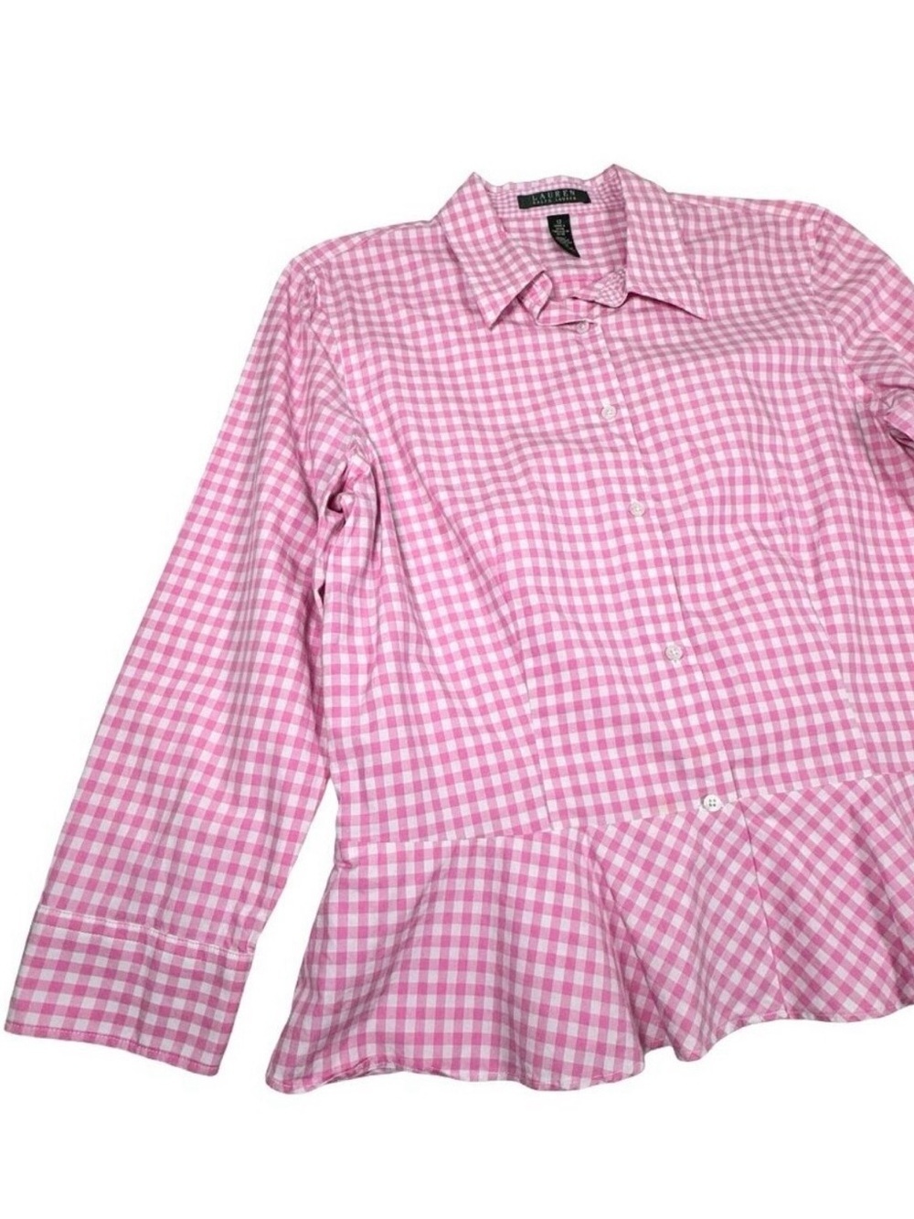 Lauren Ralph Lauren Gingham Peplum Shirt Sz 12 Pink Cotton Cottage Preppy